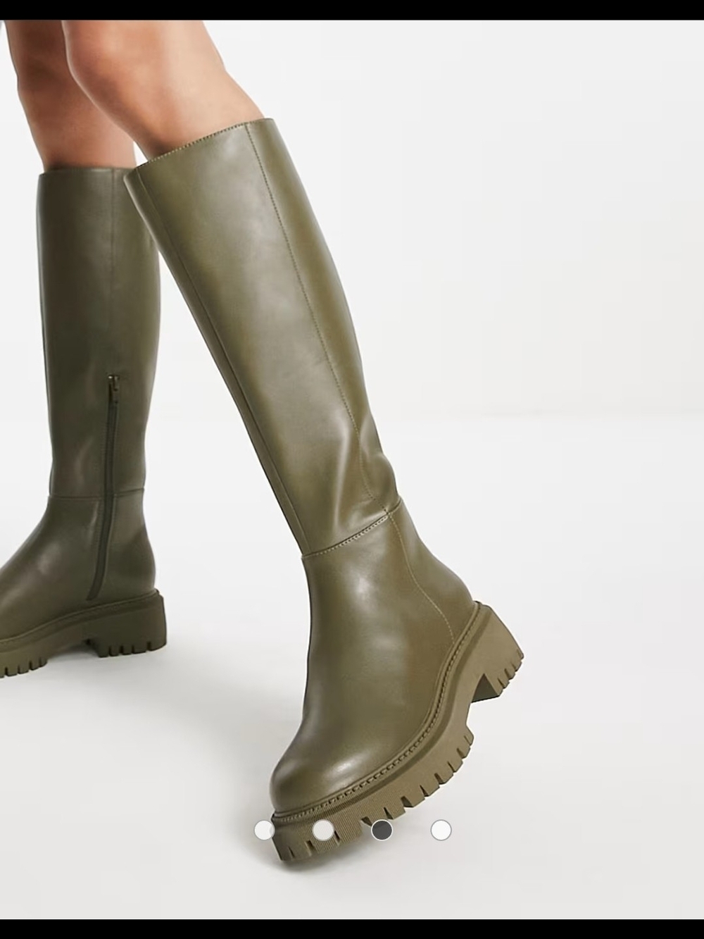 PU Leather Women's Olive Green Knee-High Lug Sole Boots With Suede Inside Size 7